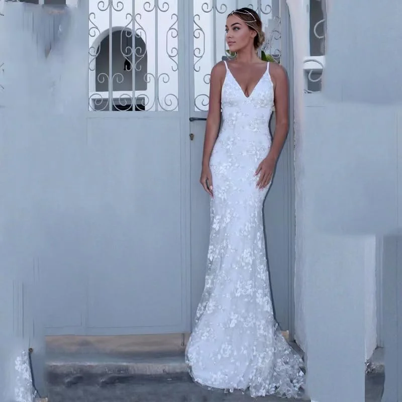 Women's Sweetheart Collar DressesWedding Dress Lace Applique Spaghetti Straps Mermaid V Neck Open Back Bodycon Long Bridal Gown Formal Women's Dresses