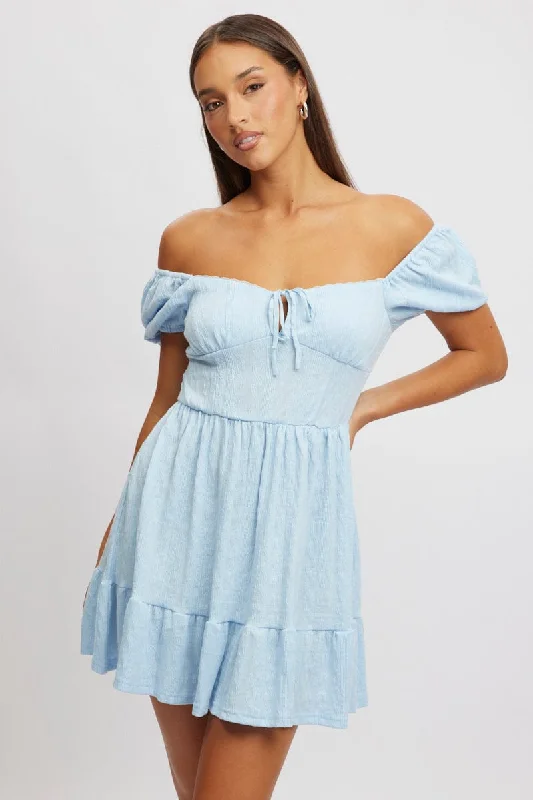 Women's Keyhole Collar DressesBlue Fit And Flare Dress Mini Lace