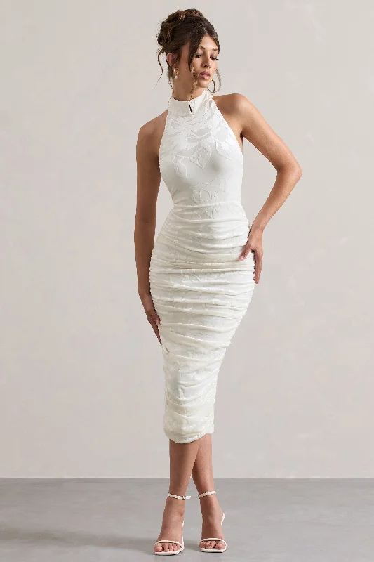 Women's Narrow Collar DressesTherese | White Ruched Bodycon High-Neck Midi Dress