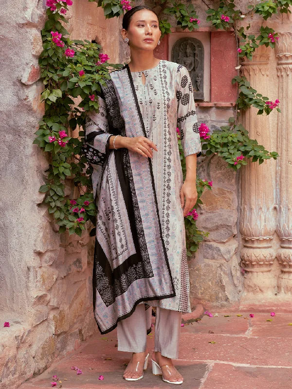 Women's Jumpsuits with Shirt CollarGrey Printed Silk Blend Straight Suit With Dupatta