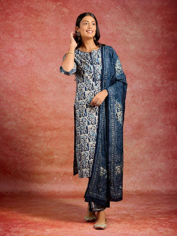 Women's Jumpsuits with Short LengthBlue Printed Silk Blend Straight Suit With Dupatta