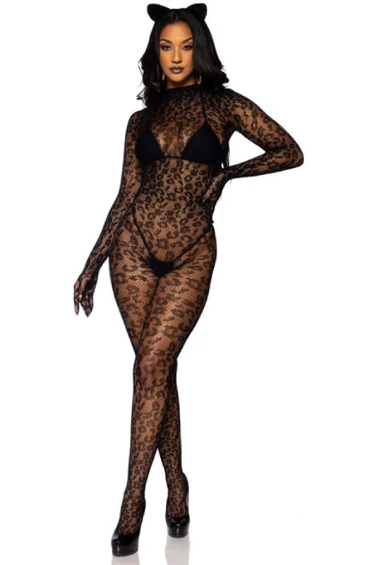 women's pajamas for loungingSeamless Leopard Net Gloved Catsuit