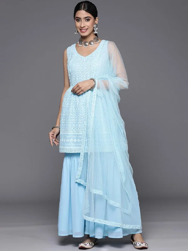 Women's Jumpsuits with ZipperBlue Embroidered Georgette A-Line Sharara Suit Set With Dupatta