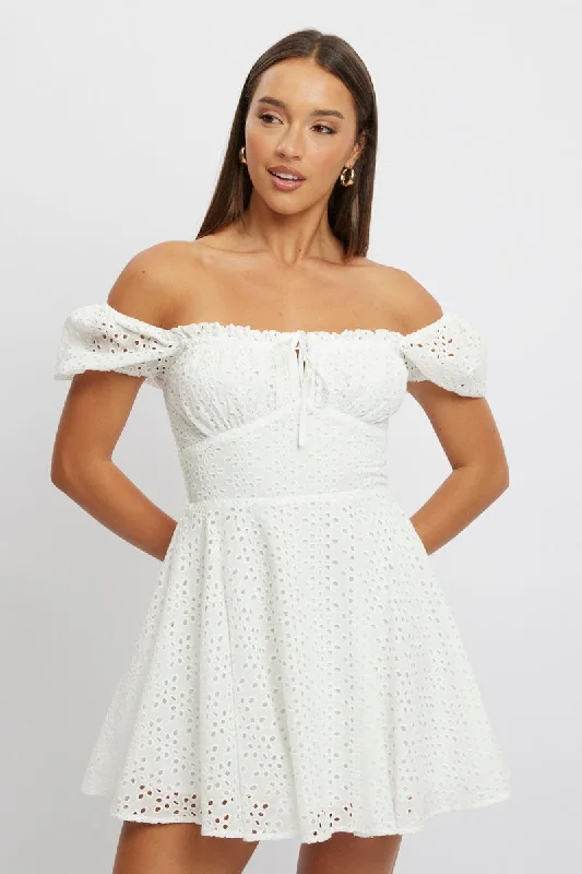 Women's Sweetheart-Neck DressesWhite Fit And Flare Dress Mini Eyelet Fabric