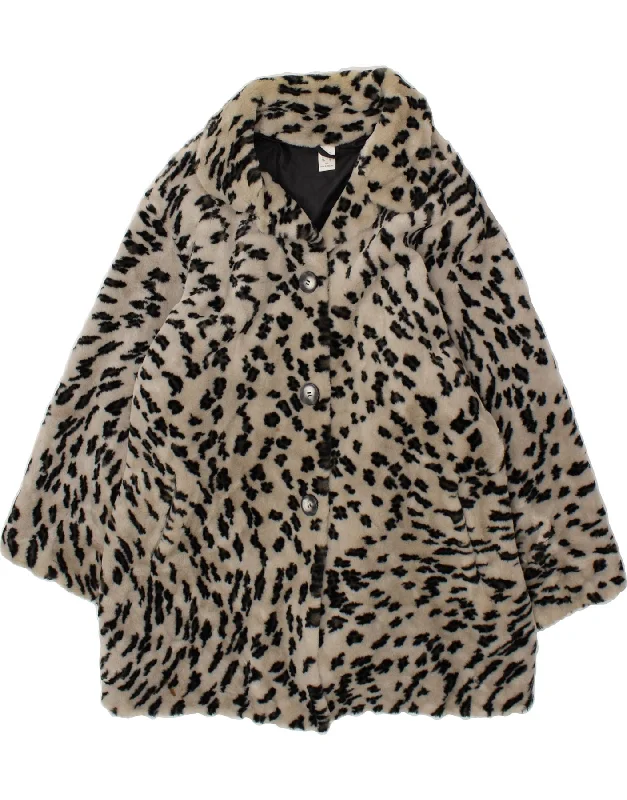 Women's Coats with Fur TrimVINTAGE Womens Faux Fur Overcoat UK 20 2XL Off White Animal Print Acrylic