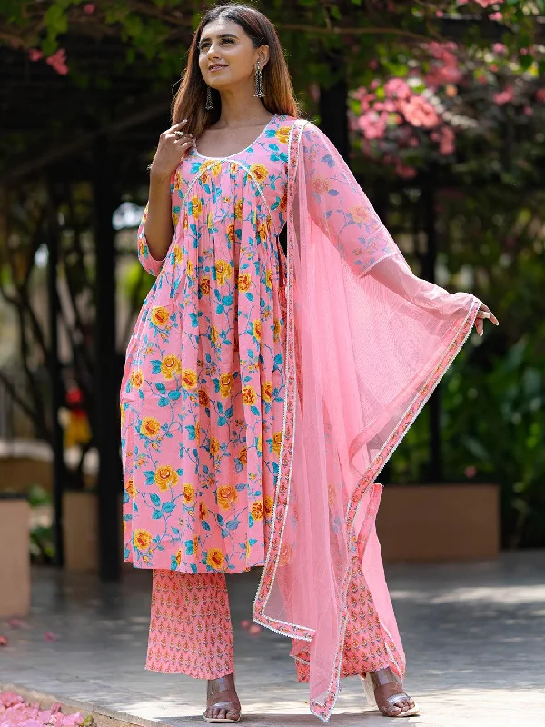 Women's Long-Sleeve JumpsuitsPink Printed Cotton A-Line Kurta With Palazzos & Dupatta