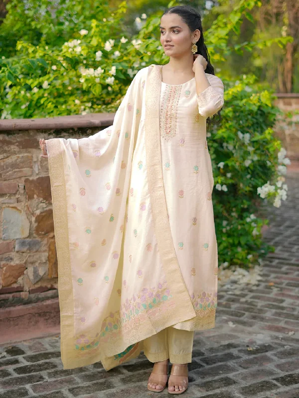 Women's Short-Sleeve JumpsuitsOff White Woven Design Linen Straight Suit With Dupatta