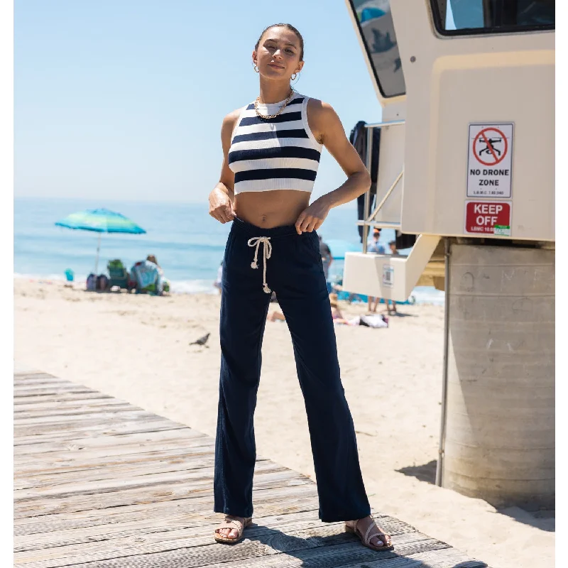 Women's Jodhpurs with Shirt CollarLinen Pants 32" Inseam Drawstring Smocked Waist Beach Pants - Navy