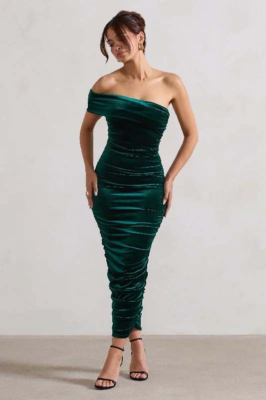 Women's Round-Neck DressesRemember Me | Bottle Green Velvet One Shoulder Midi Dress