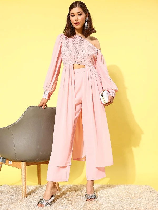 Women's Jumpsuits with Long LengthPink Embellished Georgette Co-Ords