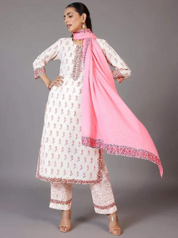 Women's Jumpsuits with Shirt CollarOff White Printed Cotton Straight Suit With Dupatta