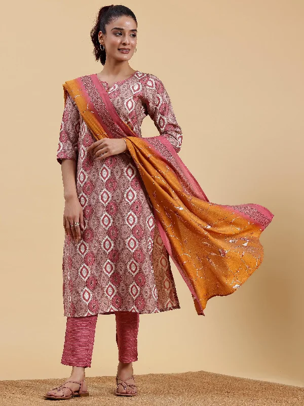 Women's Jumpsuits with ButtonsMauve Printed Silk Blend Straight Suit With Dupatta