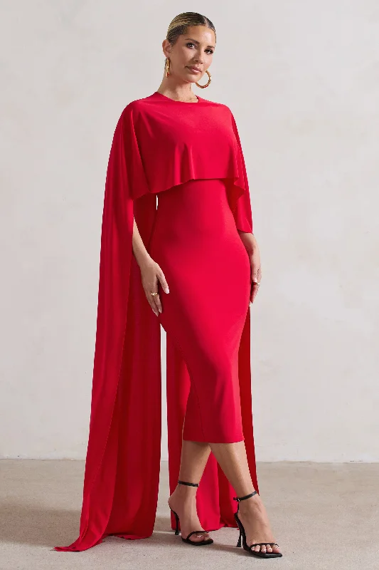 Women's Boat-Neck DressesCamellia | Red Midi Dress With High-Low Cape