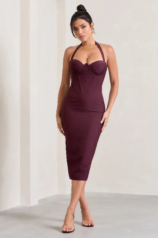 Women's Lapel Collar DressesSupermodel | Burgundy Halter-Neck Corset Midi Dress