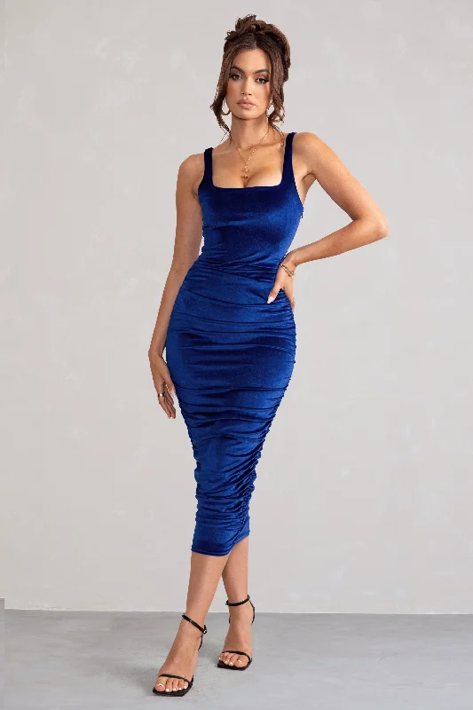 Women's Boat Collar DressesBeauty | Royal Blue Velvet Square Neck Bodycon Midi Dress