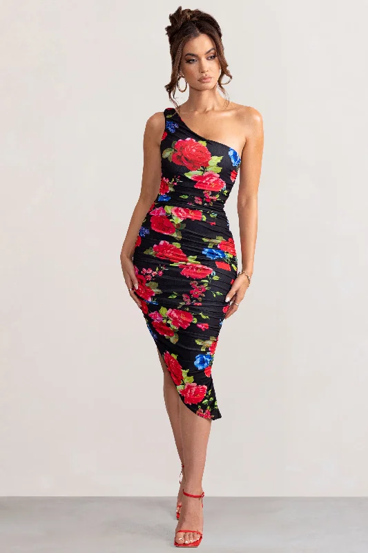 Women's High-Neck DressesLate Night | Black Floral Print Asymmetric One Shoulder Ruched Midi Dress