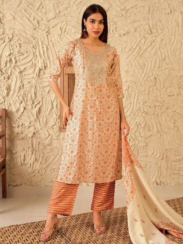 Women's Jumpsuits with Wide CollarBeige Printed Silk Blend Straight Suit With Dupatta