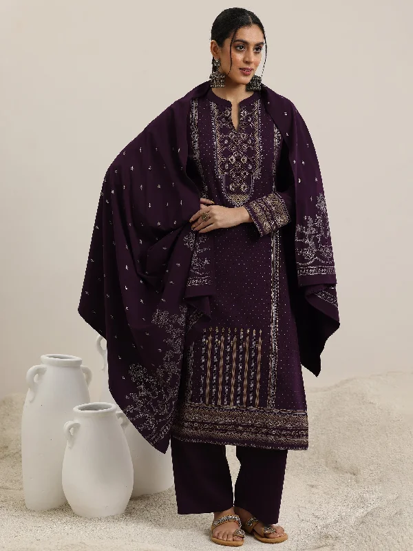 Women's Jumpsuits with Wide CollarBurgundy Woven Design Wool Blend Straight Suit With Dupatta