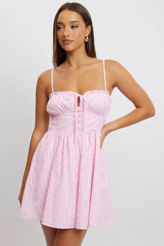 Women's Notched Collar DressesPink Stripe Fit And Flare Dress Mini