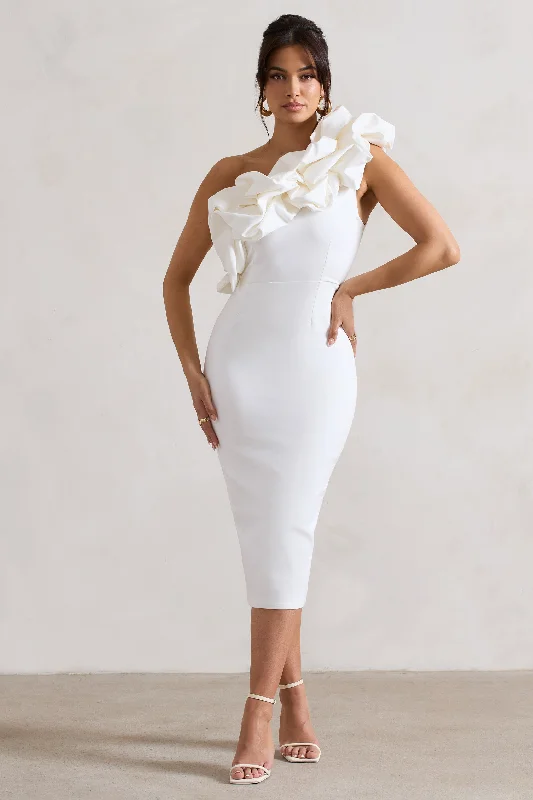 Women's Low Collar DressesOrchestra | White One Shoulder Ruffled Midi Dress