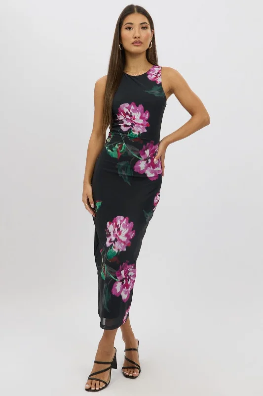 Women's Notched Collar DressesBlack Floral Bodycon Dress Sleeveless