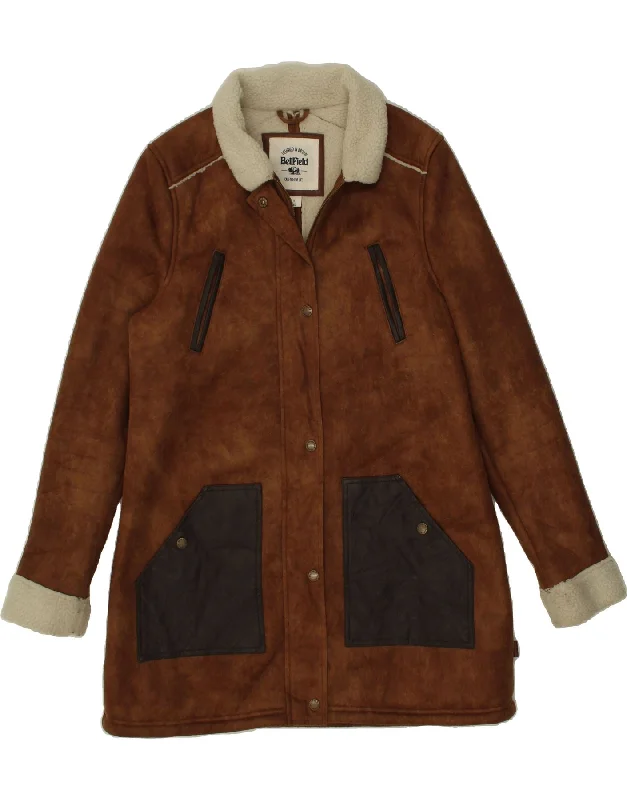 Women's Coats with Fur Trimmed BeltBELLFIELD Womens Sherpa Overcoat UK 14 Large Brown Colourblock Polyester