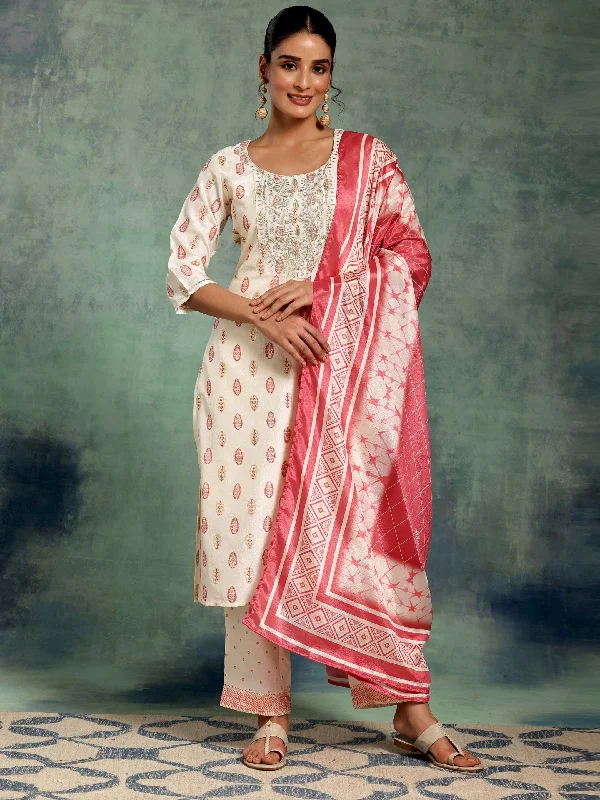 Women's Jumpsuits with Low CollarOff White Printed Silk Blend Straight Suit With Dupatta