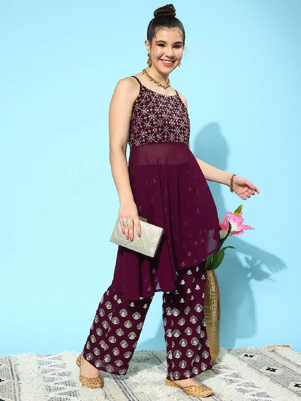 Women's Jumpsuits with Wide CollarWine Embellished Georgette Co-Ords