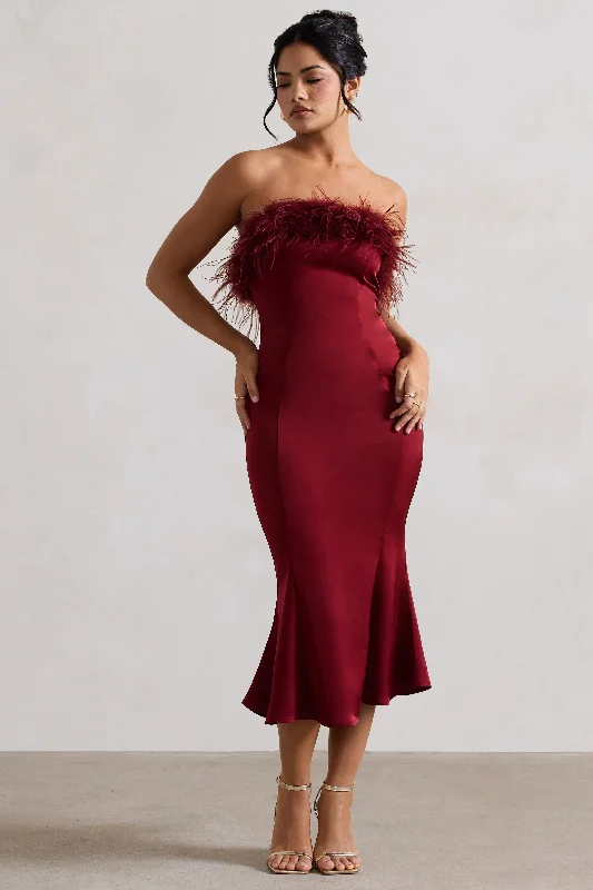 Women's Shawl Collar DressesOne And Only | Berry Satin Feather Trim Midi Dress