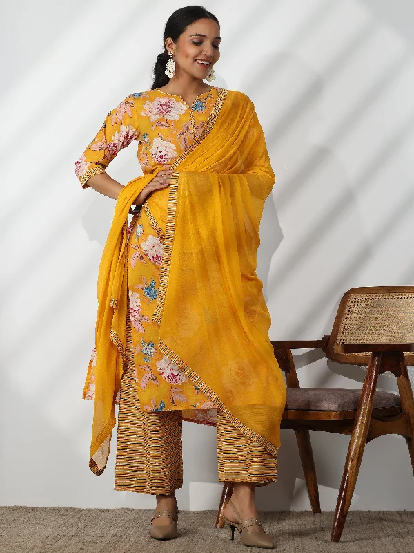 Women's OverallsMustard Printed Cotton Straight Suit With Dupatta