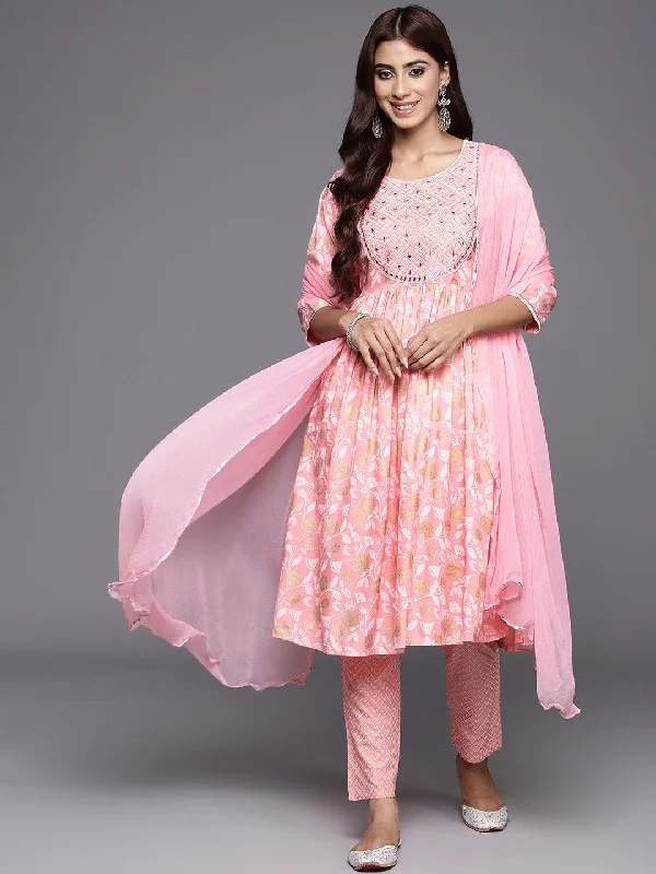 Women's Jumpsuits with Shirt CollarPink Yoke Design Rayon A-Line Kurta With Trousers & Dupatta