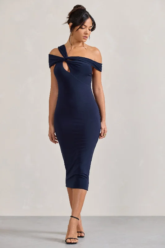 Women's Square Collar DressesChain Reaction | Navy Strappy Asymmetric Bodycon Midi Dress