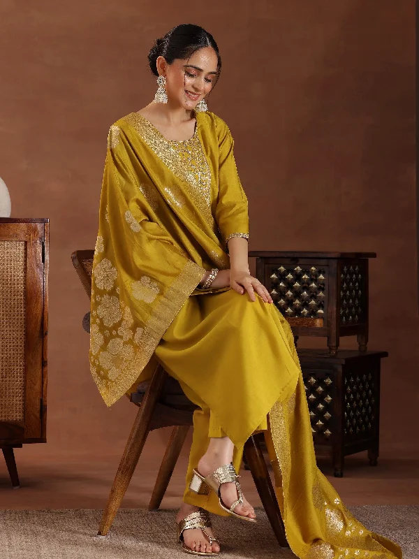 Women's Jumpsuits with Collarless DesignMustard Yoke Design Silk Blend Straight Suit With Dupatta