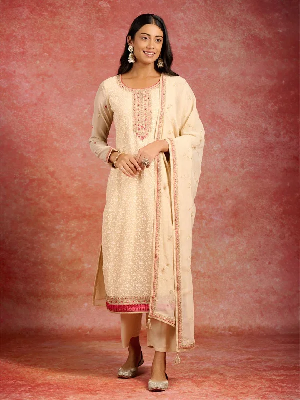 Women's Jumpsuits with Notched CollarBeige Embroidered Georgette Straight Suit With Dupatta