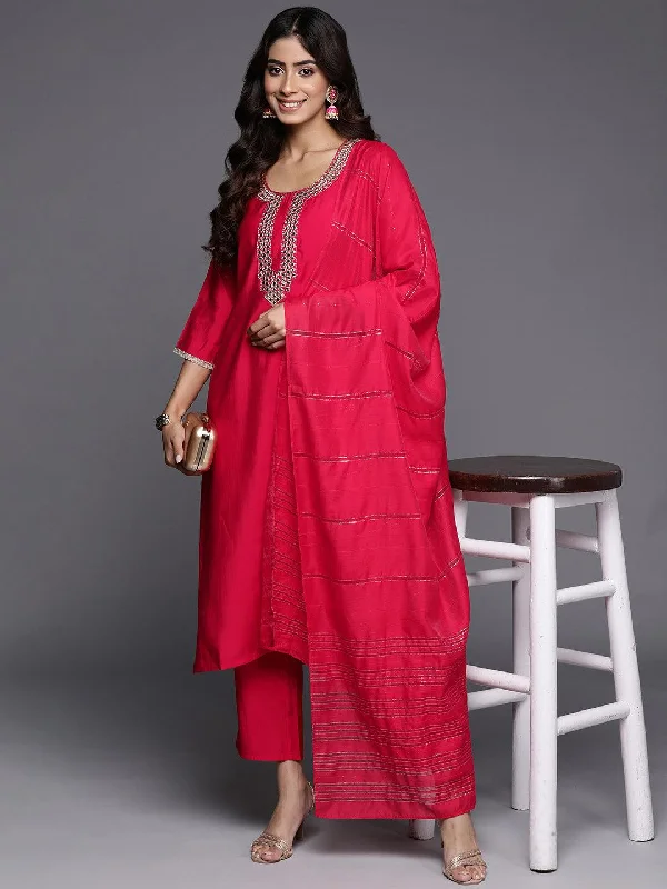 Women's Jumpsuits with V-Shaped CollarPink Embroidered Silk Blend Straight Suit With Dupatta