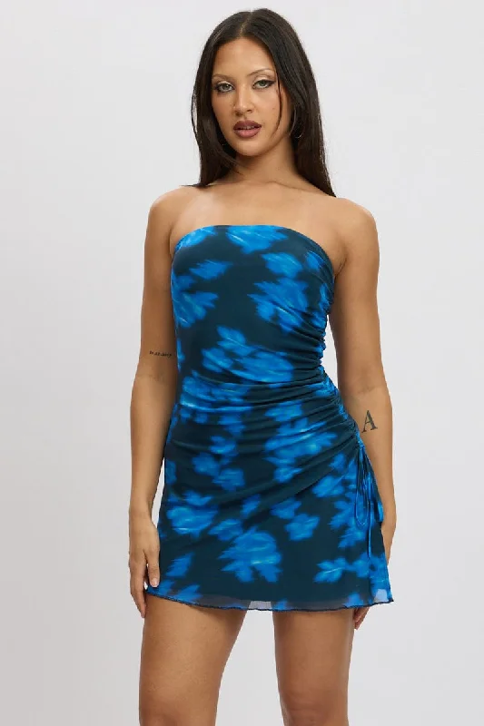 Women's Boat-Neck DressesBlue Abstract Strapless Dress Mini Mesh