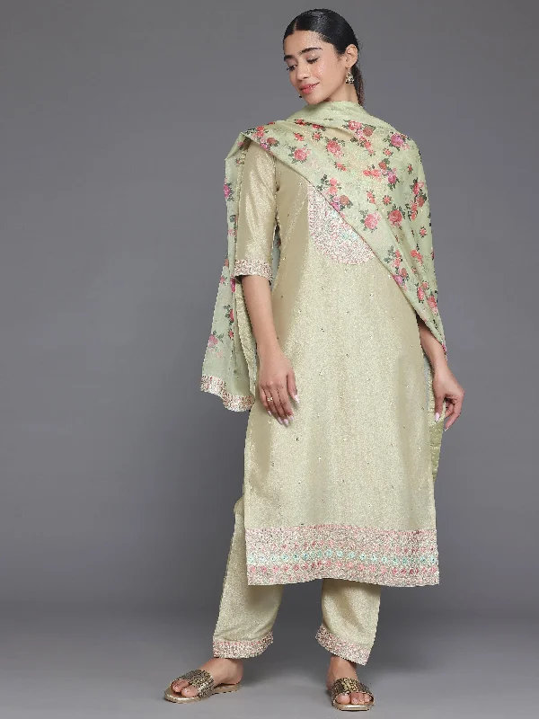 Women's Jumpsuits with Boat NeckGreen Embroidered Silk Blend Straight Suit With Dupatta