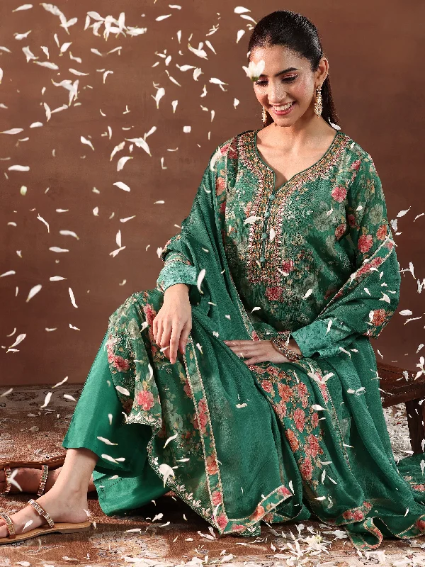 Women's Jumpsuits with Straight LegGreen Printed Silk Chiffon Straight Suit With Dupatta