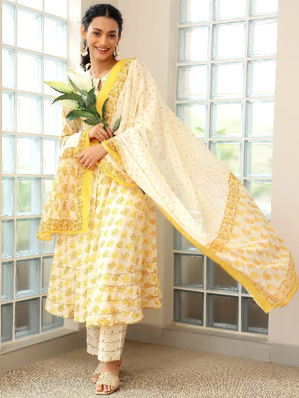 Women's Jumpsuits with U-Shaped CollarMustard Printed Cotton Anarkali Suit With Dupatta