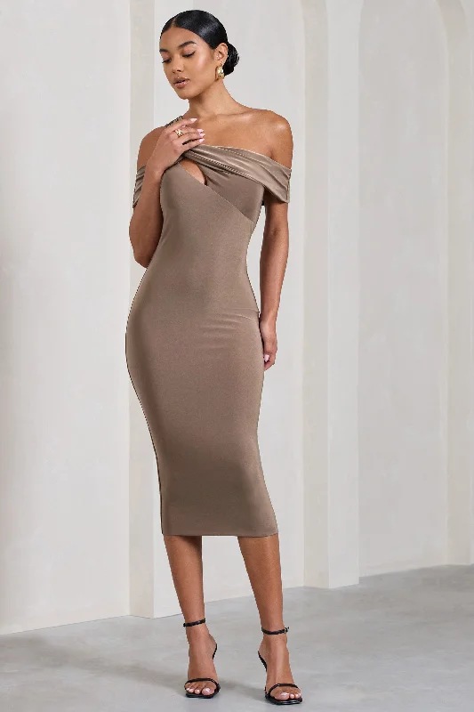 Women's High Collar DressesChain Reaction | Mocha Strappy Asymmetric Bodycon Midi Dress