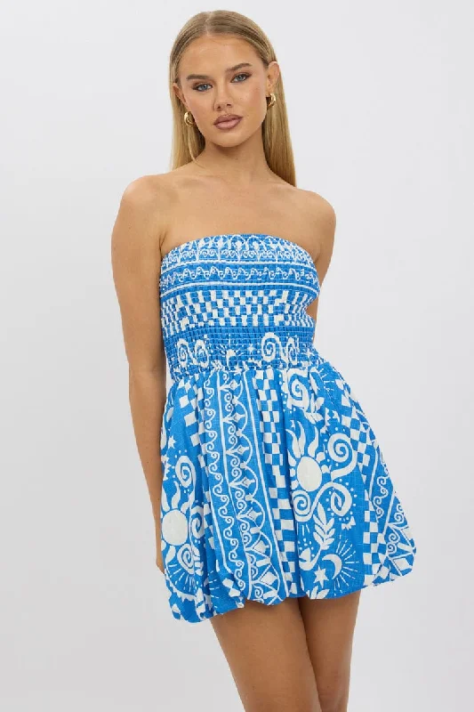 Women's Midi DressesBlue Abstract Balloon Mini Dress Strapless