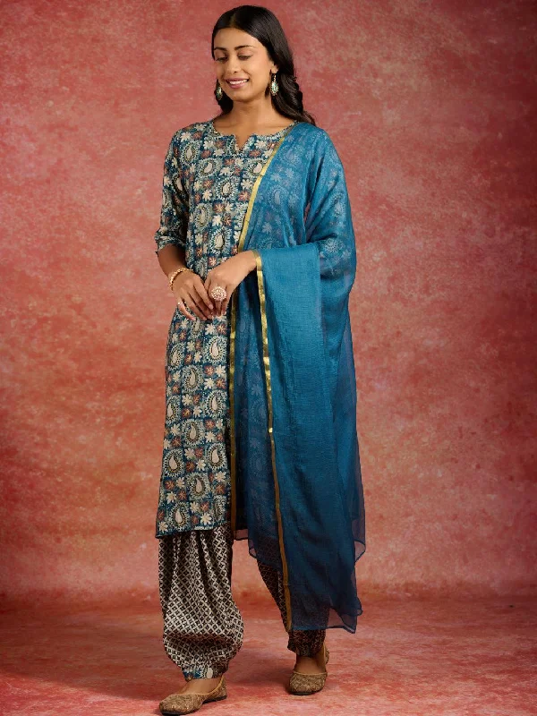 Women's Jumpsuits with HoodBlue Printed Silk Blend Straight Suit With Dupatta