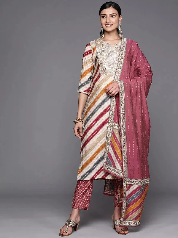 Women's Jumpsuits with Rounded HemMulticoloured Yoke Design Silk Blend Straight Kurta With Trousers & Dupatta