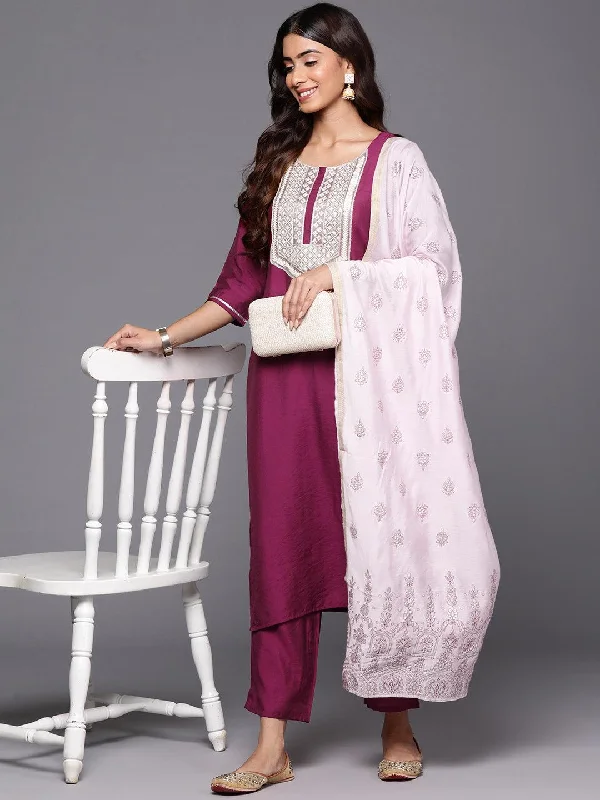 Women's Jumpsuits with HoodWine Yoke Design Silk Blend Straight Suit With Dupatta