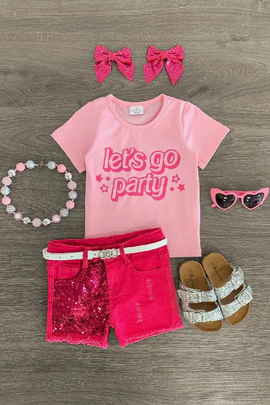 Women's One-Shoulder Dresses"Let's Go Party" Pink Denim Short Set