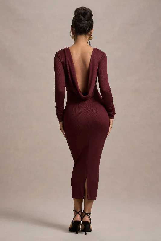 Women's Square-Back DressesMadden | Plum Rib Knit Cowl-Back Midi Dress