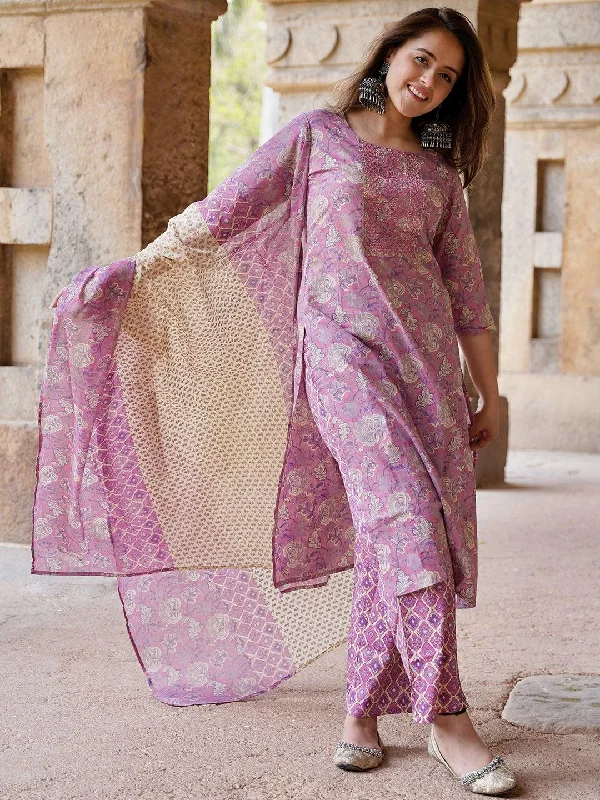 Women's Jumpsuits with Notched CollarMauve Printed Cotton Straight Suit With Dupatta