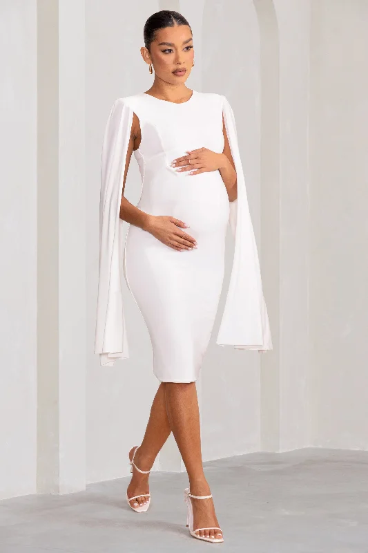 Women's Sweetheart-Neck DressesHey Mama | White Maternity Cape Midi Dress