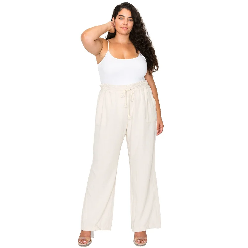 Women's Jodhpurs with Rounded Collar[Plus Size] Linen Pants 32" Inseam Drawstring Smocked Waist Beach Pants - Oatmeal