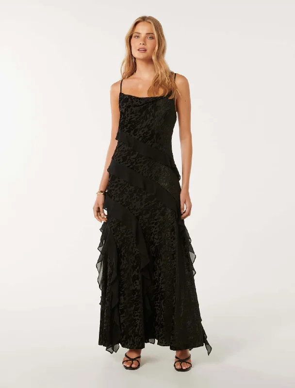 Women's Mandarin Collar DressesPiper Velvet Ruffle Maxi Dress